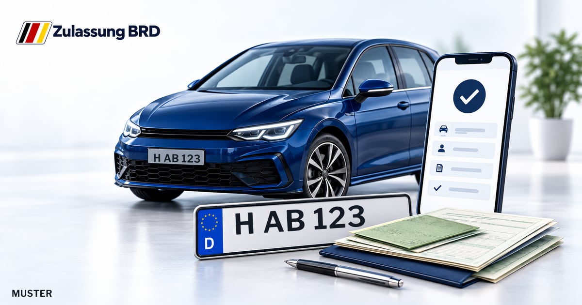 Online Fahrzeugzulassung in Hannover: Musterkennzeichen H AB 123, Auto und Fahrzeugpapiere und Smartphone. Illustration mit Logo von Zulassung BRD.